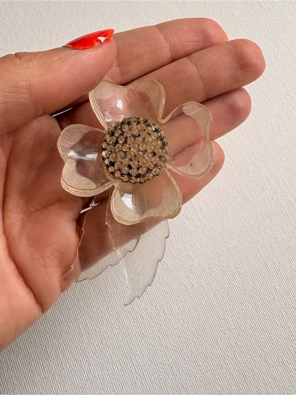 Vintage Clear Plastic Flower Brooch Pin Lucite Floral Retro Mod Statement Pin